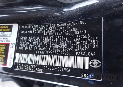 2013 Toyota Camry Le z USA, uszkodzony, nr VIN 4T4BF1FK4DR297795